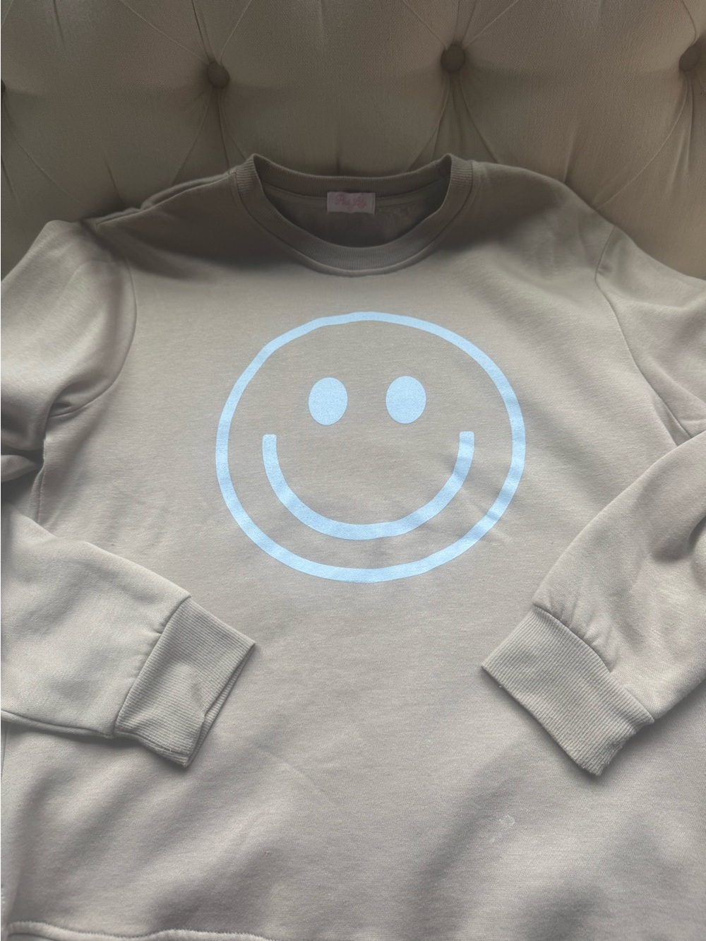 Soft Crewneck Sweatshirt happy Smile Graphic - Beige baby blue tan medium preppy